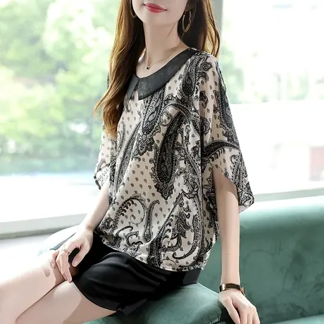 宝诗黎娃娃领蝙蝠袖印花雪纺衫漂亮洋气小衫女2024新款宽松夏装薄商品大图