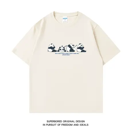 趣味卡通熊猫印花纯棉短袖T恤男夏季学生青少年宽松半袖体恤衫图片