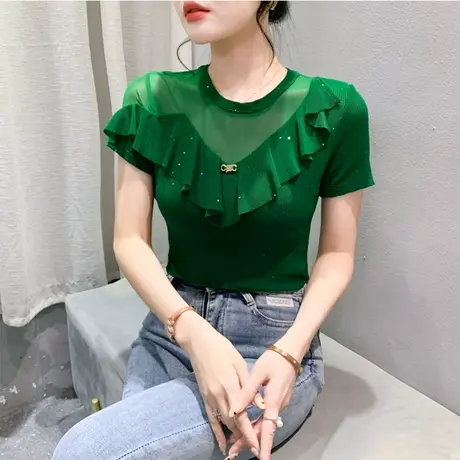 性感镂空短袖女时尚洋气网纱T恤设计感荷叶边烫金上衣修身打底衫商品大图
