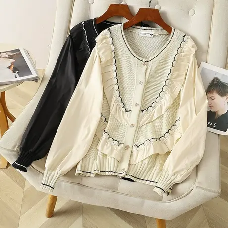 大码女装2023年新款胖mm秋季气质减龄衬衫拼接针织衫上衣女12632商品大图