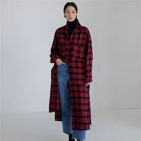 秋季新款衬衫中长款外套韩版宽松休闲大码侧开叉格子衬衫女外套潮商品大图