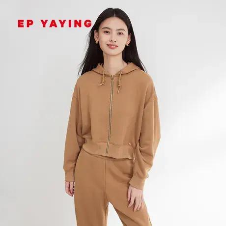 EP YAYING雅莹女装 驼色纯棉落肩短款连帽外套 2023秋冬新款1202A商品大图