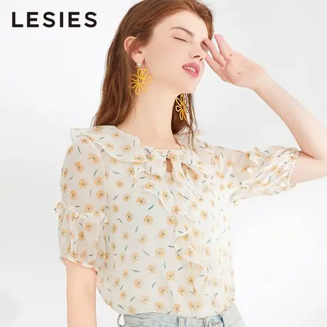 蓝色倾情春夏女装 小雏菊荷叶边系带短袖碎花上衣女吊带两套商品大图