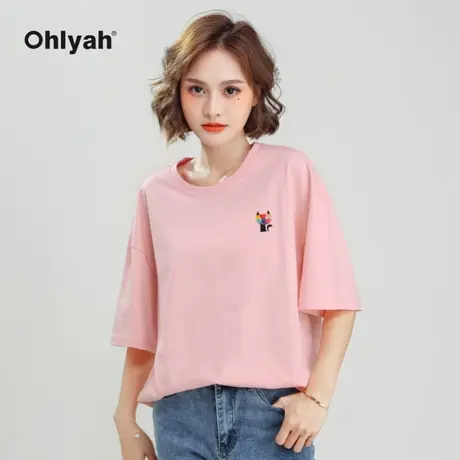 Ohlyah品牌短袖T恤女2023夏季纯棉粉色上衣网红ins体恤打底衫内搭商品大图