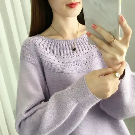 长袖宽松针织衫女2023秋装新款短款一字领镂空打底上衣薄款毛衣潮商品大图