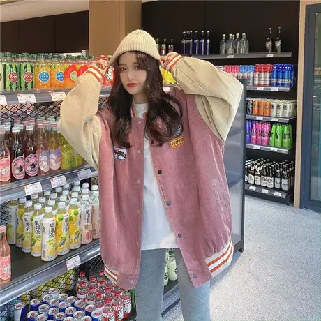 灯芯绒棒球服女春秋2023新款日系韩版宽松ins潮学生盐系夹克外套商品大图