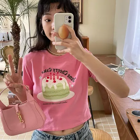 omont蛋挞家 复古蛋糕印花短袖T恤女2022夏季新独特短款修身上衣商品大图