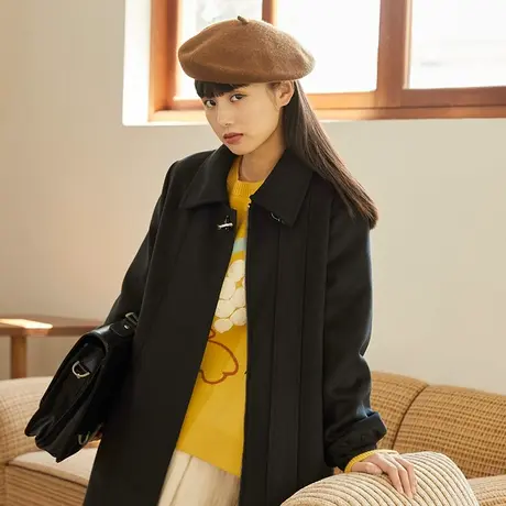 omont蛋挞家 复古翻领黑色毛呢外套女秋冬中长款宽松气质呢子大衣商品大图