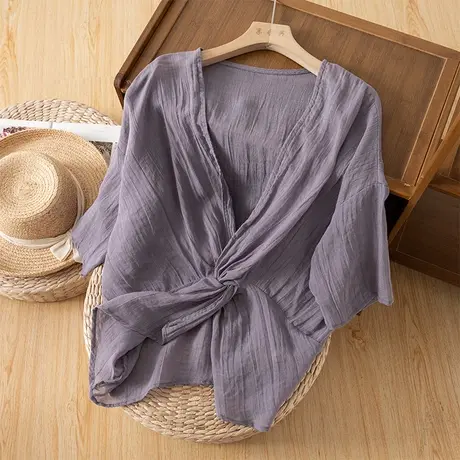 享永子五分袖苎麻上衣女文艺复古小众设计高级感棉麻小衫2023新款图片