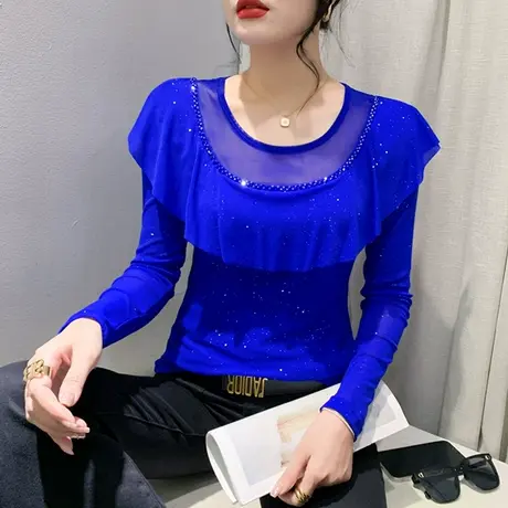 欧货时尚荷叶边T恤女长袖秋装别致设计感钉珠上衣内搭网纱打底衫图片