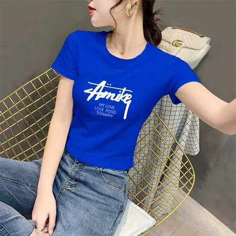 克莱因蓝短袖T恤女2023新款夏季正肩设计感小众纯棉短款上衣ins潮商品大图