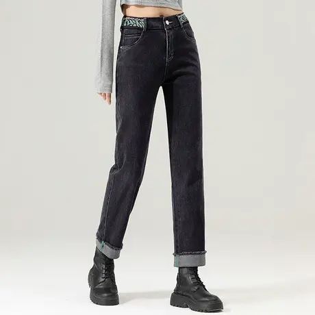 卷边高腰直筒牛仔裤女春秋大码女裤秋冬加绒裤子阔腿裤显瘦烟管裤商品大图