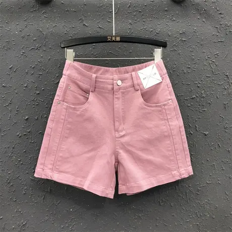 2023夏季新款粉色休闲牛仔短裤女韩版贴标高腰显瘦直筒阔腿裤中裤图片