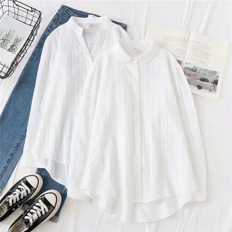日系文艺小清新长袖白衬衫女春秋新款宽松韩版百搭学院风打底衬衣图片