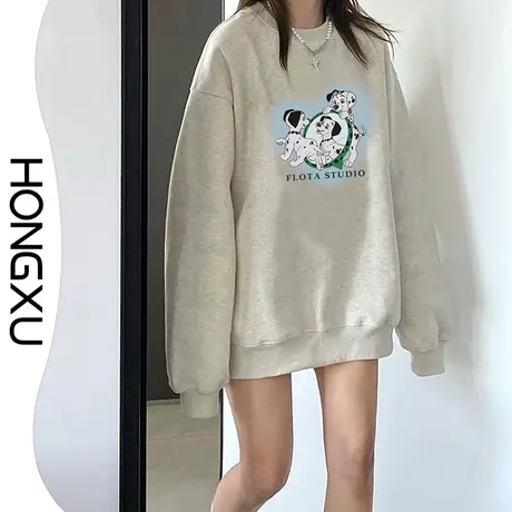 红续秋冬新款灰色圆领卫衣ins超火小狗图案套头上衣加绒加厚长袖图片