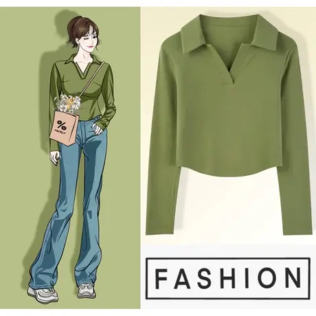 polo领正肩t恤女早秋上衣女新款长袖打底衫内搭修身V领短款体恤衫商品大图