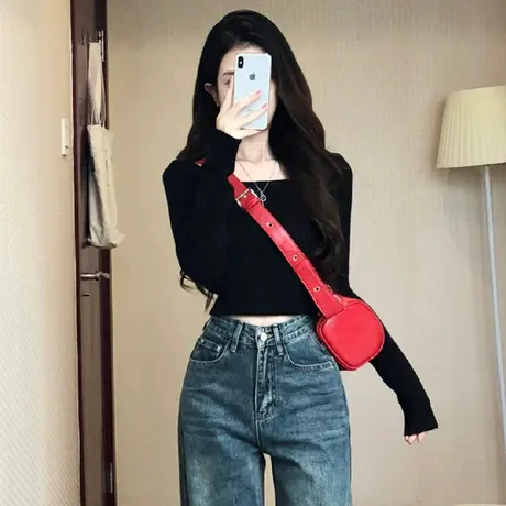 德绒黑色打底衫女内搭显瘦秋冬加厚磨毛保暖紧身短款上衣长袖t恤商品大图