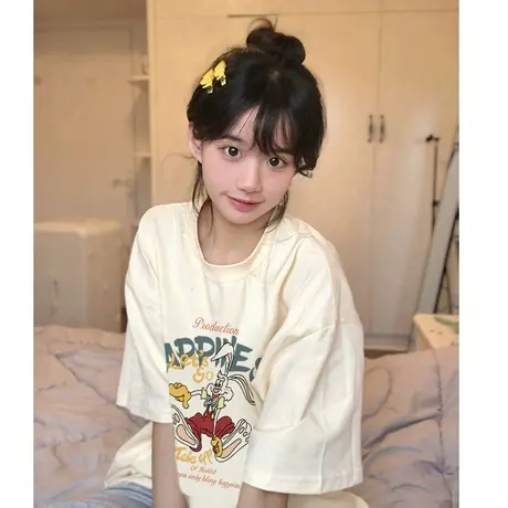 纯棉重磅日系短袖t恤女夏季2023新款宽松小众设计感上衣oversize商品大图