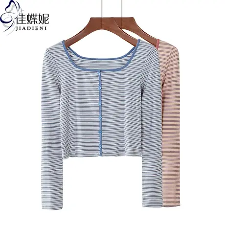 春秋新款方领短款高腰宽松休闲长袖T恤经典条纹韩版网红同款上衣商品大图