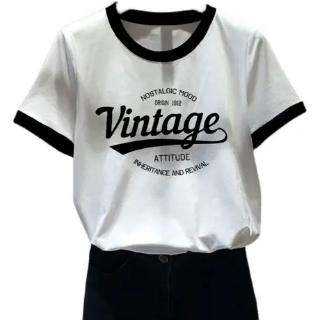 纯棉短袖t恤女大码chic复古港味宽松撞色ins潮胖mm显瘦微胖上衣夏图片