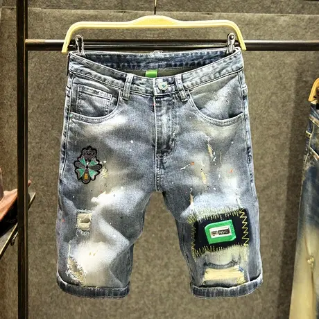夏季潮牌牛仔短裤男五分裤破洞修身弹力水洗日系刺绣补丁5分中裤商品大图