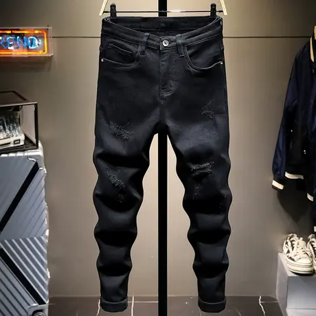 香港潮牌黑色破洞牛仔裤男修身小脚潮流百搭男士长裤子显瘦高档图片