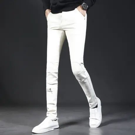 高级机车牛仔裤男秋季2023新款米白色修身小脚弹力百搭弹力裤子男商品大图