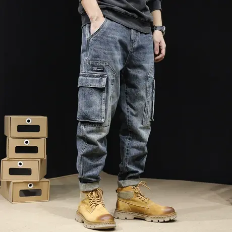 春秋潮牌牛仔裤男宽松直筒多口袋工装裤子秋冬2022新款大码休闲潮图片