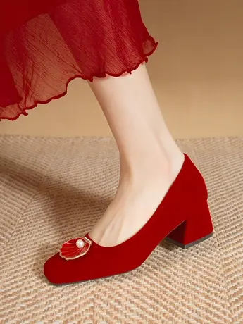 秋季婚鞋女红色高跟秀禾婚纱结婚鞋子百搭敬酒新娘鞋孕妇粗跟红鞋商品大图