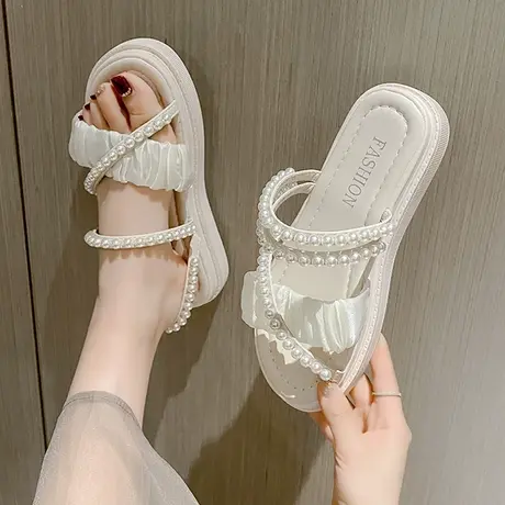 法式两穿凉拖鞋女2023新款时尚珍珠小众罗马一字带仙女风厚底凉鞋图片
