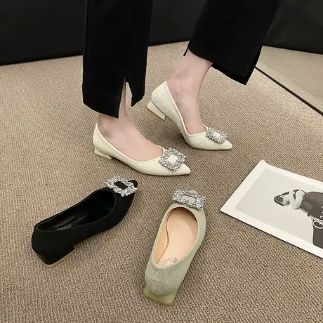 尖头单鞋女夏款2023年新款仙女风水钻低跟瓢鞋子粗跟一脚蹬豆豆鞋商品大图