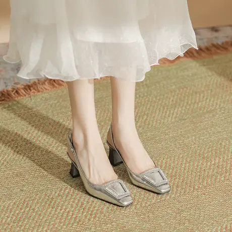 2023夏季新款包头凉鞋方头法式气质仙女风水钻后空粗跟凉鞋高跟鞋商品大图