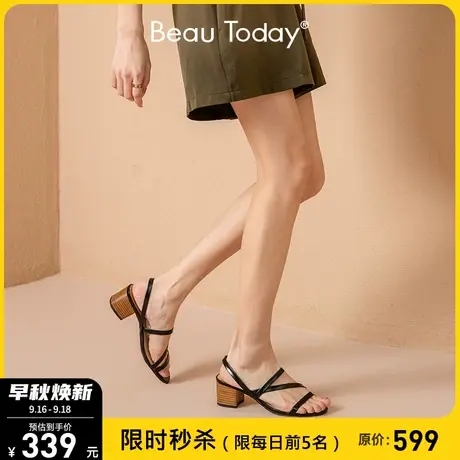 BeauToday一字带罗马凉鞋女新款粗跟复古小众女鞋法式真皮英伦风图片