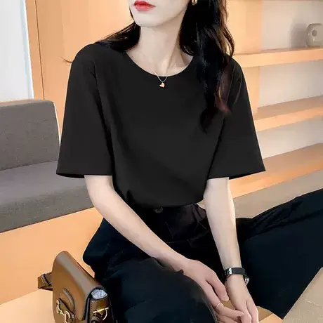 大码短袖T恤女士夏季新款纯色简约圆领体恤宽松半袖上衣胖mm200斤商品大图