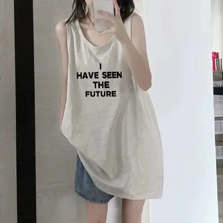 美式纯棉吊带背心无袖t恤女夏季设计感小众外穿宽松港风挂脖上衣图片