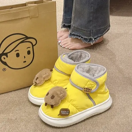 卡通可爱魔术贴高帮棉鞋女冬季外穿加绒保暖厚底防水羽绒布雪地靴商品大图