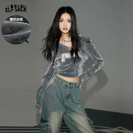 妖精的口袋v领短款内搭t恤女2024早春新款抽绳设计感修身长袖上衣图片