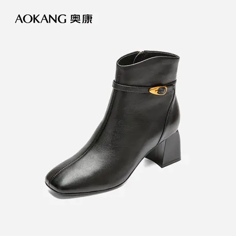 【门店发货】奥康女鞋2022冬季新款真皮舒适休闲女士靴子粗跟方头图片