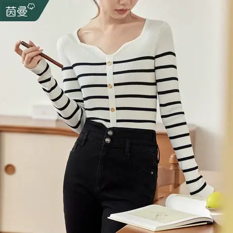 茵曼旗舰店法式黑白条纹针织衫女2023秋冬新款长袖打底衫正肩上衣图片