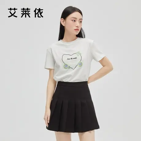 艾莱依2022夏季新款爱心刺绣印花t恤女高级白色纯色短袖复古上衣商品大图