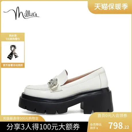 millie's/妙丽2023秋新款圆头钻扣厚底粗跟女乐福小皮鞋91661CA3图片