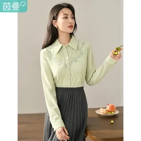 【商场同款】茵曼2023冬女装新款休闲尖领绣花单排扣长袖衬衫衬衣商品大图