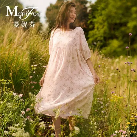 曼妮芬2025夏可外穿女士圆领泡泡中袖裙装舒适家居服睡裙20312057商品大图