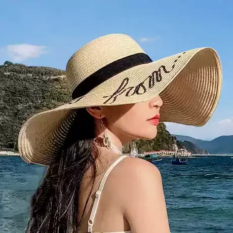草帽女防晒遮阳沙滩海边大帽檐韩版度假出游网红小清新百搭太阳帽图片