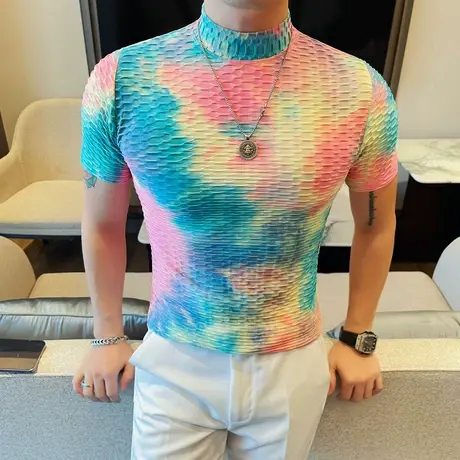 网红半高领T恤男士ins春夏扎染渐变短袖小衫潮流褶皱修身半袖TEE图片