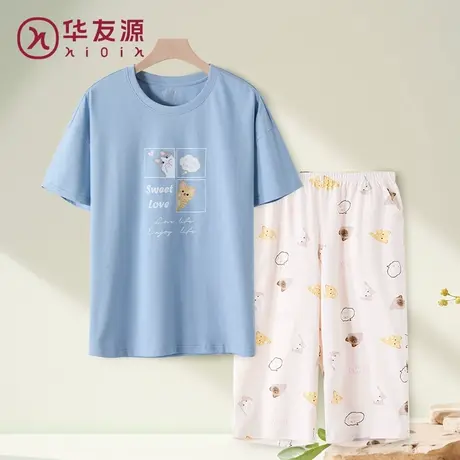 华友源女士夏季短袖家居服透气卡通印花七分裤大码可外穿纯棉睡衣商品大图