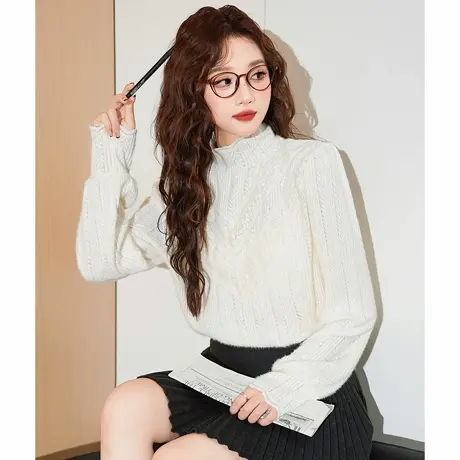 唐狮打底衫高领内搭打底衫女新款春季甜美白色薄款毛线衫设计感商品大图