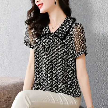 字母印花雪纺衬衫女2023夏新款娃娃领气质减龄上衣遮肚显瘦女上衣商品大图