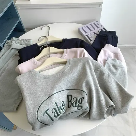 毛圈棉刺绣字母长袖圆领卫衣女粉红色宽松秋季韩版慵懒风上衣女潮商品大图