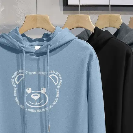 男士连帽卫衣秋冬季加绒加厚宽松潮流小熊长袖蓝色外套休闲带帽衫商品大图